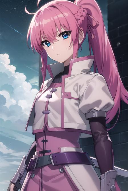 signum, long hair, blue eyes, hair ribbon, ponytail, pink hair, gloves, jacket, weapon, open clothes, sword, open jacket, magical girl, gauntlets, cropped jacket, waist cape, puffy sleeves,