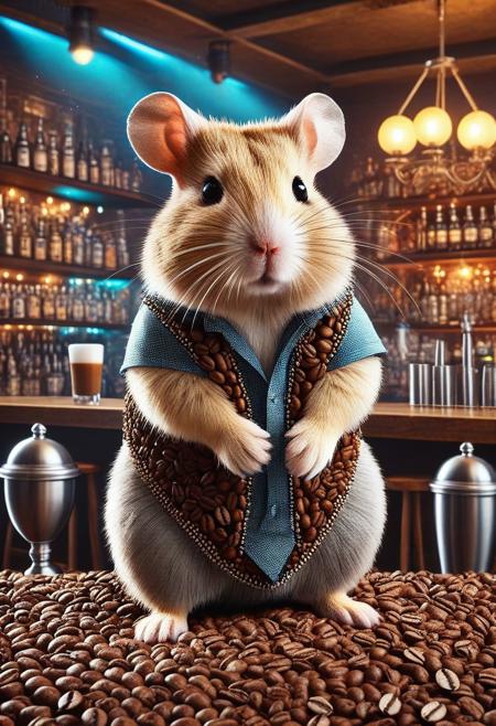 hamster, bartender, standing at the bar, detailed background, modern, look at the viewer, rating safe, fantasy background, colorfull, coffee beans