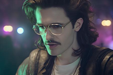 cinematic film still of a pleased
 (summoner:1.3) played by H4ck3rm4n with a mullet haircut, moustache, wearing glasses in a 1980 synthwave dark fantasy film, action pose . cinematic lighting, shallow depth of field, vignette, highly detailed, high budget, bokeh, cinemascope, moody, epic, gorgeous, film grain, grainy