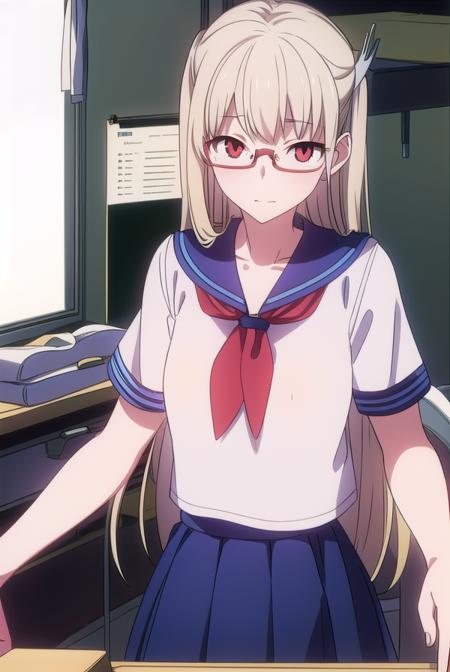 kotonesasaki, <lyco:kotonesasaki-LYCORIStest:1>,
kotone sasaki, long hair, (red eyes:1.5), glasses, blonde hair, hair pin, (small breast:1.2),
BREAK sailor uniform, serafuku, blue sailor collar, short sleeves, skirt, blue skirt, school uniform,
BREAK looking at viewer,
BREAK indoors, classroom,
BREAK <lora:GoodHands-vanilla:1>, (masterpiece:1.2), best quality, high resolution, unity 8k wallpaper, (illustration:0.8), (beautiful detailed eyes:1.6), extremely detailed face, perfect lighting, extremely detailed CG, (perfect hands, perfect anatomy),