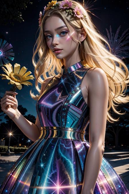 bismuth_texture, glowing cosmic pale blonde woman  wearing a flowery dress, public park, <lora:bismuth_texture_v2:0.6>, <lora:add_detail:0.25> <lora:realistic:0.25> <lora:ClothingAdjuster3:-0.25> <lora:waterVFX:0.25>