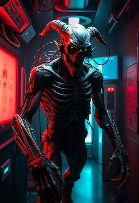 A terrifying biopunk creature, cybernetic body horror, dark room, screen glow, cables and wires, futuristic morgue with anatomical diagrams on the walls, Fleshy undead demon, red and green lighting