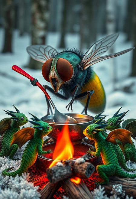 surreal VFX, big domestic fly stirring broth  with a steel red spoon on a campfire, sitting with a group of little green dragons with dark green wings seen under an electron scanning microscope, with details, snow, winter forest, vivid colors