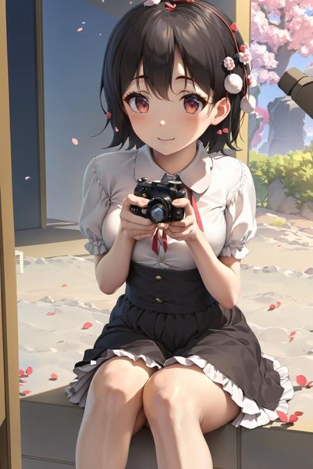 1girl, solo, shameimaru aya, hat, underwear, bloomers, tokin hat, red eyes, smile, skirt, flower, short hair, looking at viewer, camera, shirt, sitting, short sleeves, white bloomers, black hair, puffy sleeves, puffy short sleeves, bow, dutch angle, brown hair, petals, holding, cherry blossoms, white shirt, black skirt, ribbon, dress shirt, blush, (masterpiece,best quality)