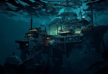 We are underwater, 100 meters unders surface, with exceptional visibility. From a great height, we observe a massive cliff plunging into the darck abyss. A vast underwater research station, almost a futuristic city and a mining extraction facility at the same time, stands at the edge of the abyss.
The station’s architecture is sleek and harmonious, made of glass and steel. A grand building with a colossal glass towers over numerous other structures, many of which also have small domes or cupolas. Multiple platforms house residential and research facilities, with scattered lights illuminating the underwater station and antennas spread throughout.
Numerous air bubbles rise from the station, drifting towards the surface. In the foreground, additional research domes, pipelines, conduits, and enormous underwater mining machines add to the station’s industrial activity. The water is crystal clear, allowing for an extensive view of various fish swimming in the distance.