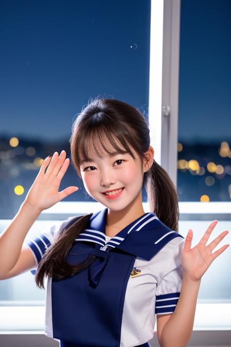 masterpiece, best quality, 1girl, beautiful face, wearing a sailor school uniform, high ponytail, smiling, waving her hands, in a classroom at night, beautiful gradient sky with stars, city nightscape from the window, RAW photo, photorealistic, realistic