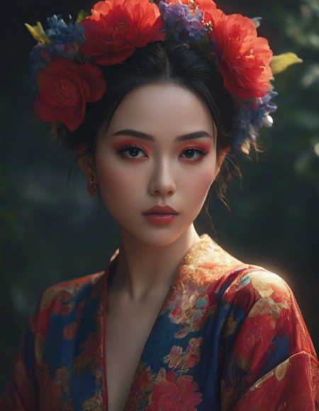 A mesmerizing portrait of a woman adorned with intricate floral elements, featuring bold red and deep blue blossoms. The subject has a serene expression, showcasing delicate facial features, high cheekbones, and stylishly arched eyebrows. Her dramatic makeup includes striking red eyeshadow that complements her vivid tattoo designs. The lighting is soft yet dramatic, creating highlights that accentuate her skin tone and the textures in her ornate garment, a richly patterned robe. The composition is balanced, with a dark, textured background contrasting the vibrant flora and the luminous skin tones. The interplay of warm and cool hues evokes a sense of mystique and elegance. The style combines elements of realism and fantasy art, with visual influences from traditional East Asian aesthetics. The overall mood is enchanting and evocative, inviting viewers into a world of beauty and cultural depth., anime masterpiece, soft lighting, intricate, highly detailed, pixiv, anime art, 4k, art from your name anime, garden of words style art, high quality
