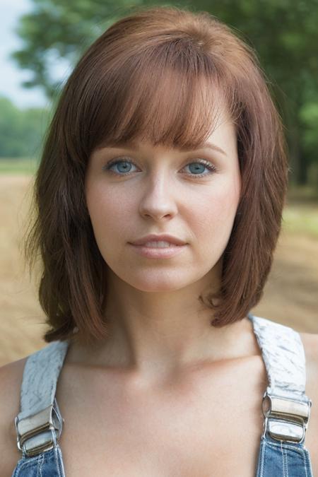 closeup, facing viewer, eye contact, looking t viewer, (masterpiece:1.1), (highest quality:1.3), (realistic:1.3), (realism, hyperrealism:1.2), intricate detailed skin, (high detail:1.1), wearing denim overalls white shirt on a dairy farm with barn behind her, high dynamic range, directional lighting, sharp focus, <lora:HaydenWinters5:1>, bangs