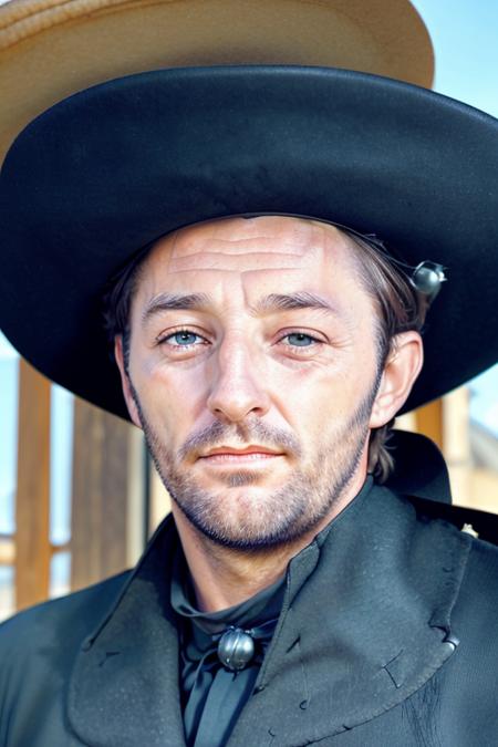 a man in a black pilgrims suit, large hat, in the midwest, americana, upper body, (close up, face), raw, (smiling), 8k uhd <lora:robertMitchum:1>