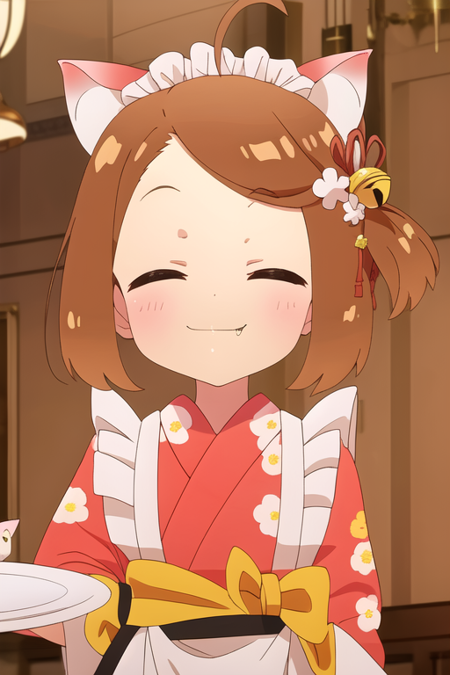 1girl, solo, smile, short hair, brown hair, hair ornament, holding, animal ears, closed mouth, closed eyes, upper body, ahoge, japanese clothes, fang, indoors, cat ears, kimono, apron, sash, maid headdress, bell, floral print, cat, plate, hair bell, red kimono, holding plate, wa maid