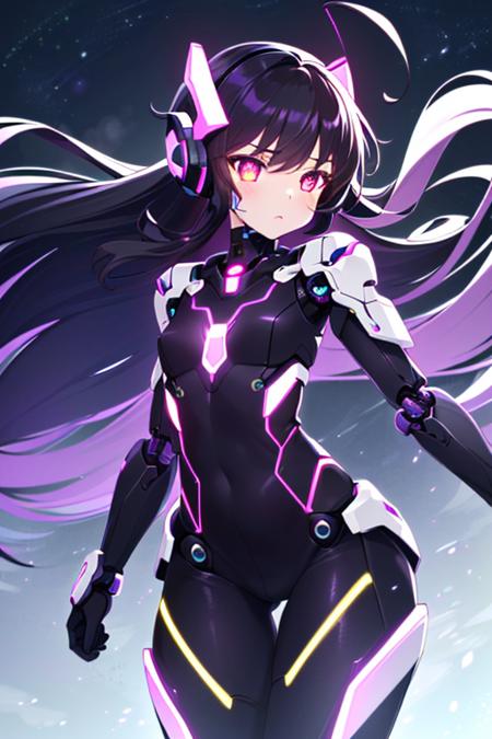 (sfw), intricate details, (bright neon colors), detailed background, night, 1girl, (petite, (cute face, bright glowing purple eyes), (human torso, petite perky breasts, robotic limbs), (black hair, absurdly long hair, hair blowing in the wind)), sleek detailed impossible bodysuit, cybernetic headset, sneaking, dynamic angle