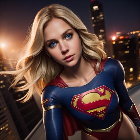 supergirl,  costume, ((detailed face)), Sharp, 8k, Cinematic lighting, soft lighting, movie, (1girl0.950), (blonde hair:0.902), (blue eyes:0.747), (red, blue, gold, bodysuit:0.903), (boots:0.562),(gloves:0.782),  (night:0.507), (night sky:0.575),(skin tight:0.586), (sky:0.679), (smoke:0.606), (solo:0.920),