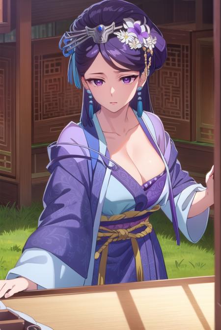 lihua, <lora:lihua s1-lora-nochekaiser:1>,
lihua, long hair, (purple eyes:1.1), purple hair, flower, earrings, hair flower, makeup, lipstick,
BREAK cleavage, jewelry, chinese clothes, hanfu,
BREAK indoors,
BREAK looking at viewer, (cowboy shot:1.5),
BREAK <lyco:GoodHands-beta2:1>, (masterpiece:1.2), best quality, high resolution, unity 8k wallpaper, (illustration:0.8), (beautiful detailed eyes:1.6), extremely detailed face, perfect lighting, extremely detailed CG, (perfect hands, perfect anatomy),