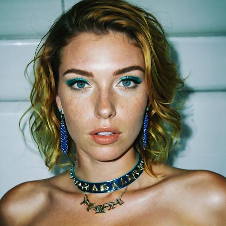 RAW analogue photo of a beautiful 20 years old Irish woman, perfect face, sexy pose, Electric blue corset, white Prada logos, thigh-high boots with black laces, emerald-studded Bulgari pendant, slick fabric, crisp logo placement, detailed lacing, vibrant green emeralds, shiny gold spikes, rich blue fabric texture., natural ginger hair, perfect eyes, detailed eyes, detailed iris, freckles, freckles all over body, realistic freckles, absolute perfect tits, big tits, soft tits, natural tits, low light, hard natural light, Rembrandt style light, Hasselblad DLSR camera, 200mm Zeiss lens, f/2.8, detailed texture, sharp focus, highres, 4k,