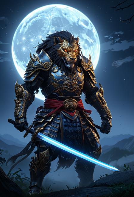 (masterpiece), (best quality), (masterpiece), (best quality), A full-body image of a action anime style, shonen, mythical lion beast in samurai garb, dual wielding intricately carved samurai swords. The beast's fur shimmers in the moonlight as it faces off against abstract shadow enemies, their forms shifting and twisting in the darkness. The blend of Cartoon Manga and Ukiyo-e art styles is evident in the bold lines and vibrant colors that bring the battle to life. The samurai beast's armor glistens with a metallic sheen, reflecting the ethereal glow of the enemies' shadowy forms. The composition is dynamic, with the beast poised in a defensive stance, ready to strike. The surroundings are dark and mysterious, enhancing the dramatic atmosphere of the scene. The lighting is dramatic, casting long shadows and highlighting the details of the beast's armor and swords. Keywords: realistic 3D rendering, mythical, samurai garb, intricate carvings, shimmers, moonlight, abstract shadow enemies, blend of Cartoon Manga and Ukiyo-e art, bold lines, vibrant colors, dynamic composition, metallic sheen, ethereal glow, dark and mysterious surroundings, dramatic lighting.  <lora:SilverPulseMorphXL:0.8> SilverPulse,, masterful composition, dynamic volumetric lighting, realistic  ray_tracing, reflection, hyperrealistic, ray_tracing, global illumination, glow, masterful composition, dynamic movement