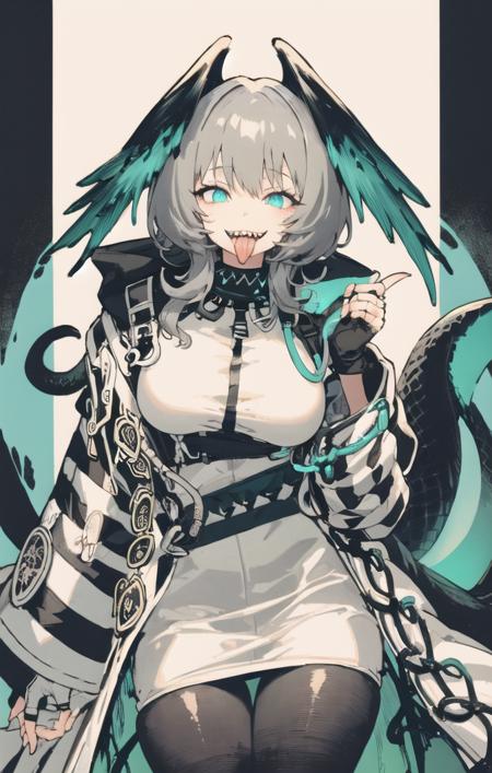  <lora:ho'olheyak:0.9> ho'olheyak \(arknights\), 1girl, head wings, solo, grey hair,  fingerless gloves,black pantyhose, cowboy shot, masterpiece, naughty face, evil smile, sharp teeth,licking lips,  tail, monster girl,looking at viewer, illustration, (glowing:1.2),green theme,(hose:1.1),decorated,dark room,night, high contrast, bright,<lora:fuyuestylev3_10:0.7> 
