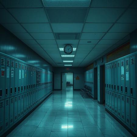 A liminal space inside an empty high school, where the air is thick with an eerie stillness. The fluorescent lights buzz faintly, casting a cold, artificial glow onto the polished linoleum floors. Rows of gray metal lockers stretch endlessly down the hallway, their doors covered in faint scratches and the remnants of long-faded stickers. The smell of old textbooks, industrial cleaning supplies, and distant rain lingers in the air.
The classroom doors are shut, their small windows revealing nothing but darkness. A lonely bulletin board by the principal’s office displays outdated announcements, faded student council posters, and a forgotten flyer for a dance that happened long ago. The cafeteria, visible through an open doorway, is empty—rows of plastic chairs neatly stacked, the serving area abandoned, the faint scent of reheated food still clinging to the air.
A single clock above the lockers ticks softly, though the time no longer seems to matter. Somewhere in the distance, the sound of a dripping faucet echoes through the silence. The school is frozen in time, suspended in an endless after-hours void—familiar, yet unsettling. You’ve been here before, or maybe only in a dream. Either way, you know one thing for sure: you’re alone here.