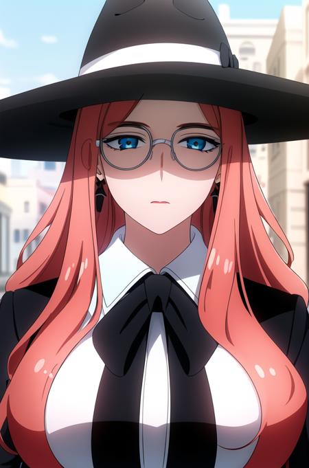 (day),White Background,blue sky,outdoors,
Standing at attention,
black Jacket,black headwear,witch hat,pantyhose,long sleeves,White_collared shirt, black ribbon,Black_Pencil_skirt,
<lora:more_details:0.1>,<lora:Sylvia_Sherwood_SPY-KK77-V1:0.7>,glasses,
long hair,red hair,blue eyes,lipstick,
1 girl, 20yo,Young female,Beautiful Finger,Beautiful long legs,Beautiful body,Beautiful Nose,Beautiful character design, perfect eyes, perfect face,expressive eyes,
looking at viewer,(Focus on her face),closed_mouth, 
official art,extremely detailed CG unity 8k wallpaper, perfect lighting,Colorful, Bright_Front_face_Lighting,shiny skin,
(masterpiece:1.0),(best_quality:1.0), ultra high res,4K,ultra-detailed,
photography, 8K, HDR, highres, absurdres:1.2, Kodak portra 400, film grain, blurry background, bokeh:1.2, lens flare, (vibrant_color:1.2)
(Beautiful,large_Breasts:1.4), (beautiful_face:1.5),(narrow_waist),