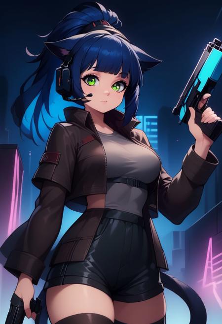 patJessica, cat ears, ponytail, green eyes, multicolored hair, cat girl, blue hair, black hair, cat tail, long hair,  patJessica, cat ears, ponytail, green eyes, multicolored hair, cat girl, blue hair, black hair, cat tail, long hair,   choker, black jacket, belt, black shirt, black shorts, gloves, knee pads, black socks, black footwear