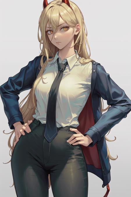 1girl, black necktie, black pants, blonde hair, blue jacket, breasts, collared shirt, cowboy shot, cross-shaped pupils, demon girl, demon horns, hair between eyes, hand on own hip, hand up, horns, jacket, jacket partially removed, long hair, long sleeves, looking at viewer, medium breasts, necktie, closed mouth, pants, red horns, ringed eyes, shirt, shirt partially tucked in, simple background, solo, symbol-shaped pupils, white background, white shirt, yellow eyes, (masterpiece, exceptional, best aesthetic, best quality, masterpiece, extremely detailed:1.2), <lyco:IgniteV2-000008:0.7>, (lips:1.1), <lora:powerselected2-07:0.7>, <lyco:GoodHands-beta2:1>, nice hands, perfect hands