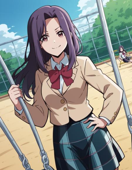 erena fujisawa, long hair, black hair, brown eyes, purple hair, parted bangs, sidelocks, medium breasts, skirt, school uniform, jacket, pleated skirt, bowtie, red bow, plaid, plaid skirt, blazer,