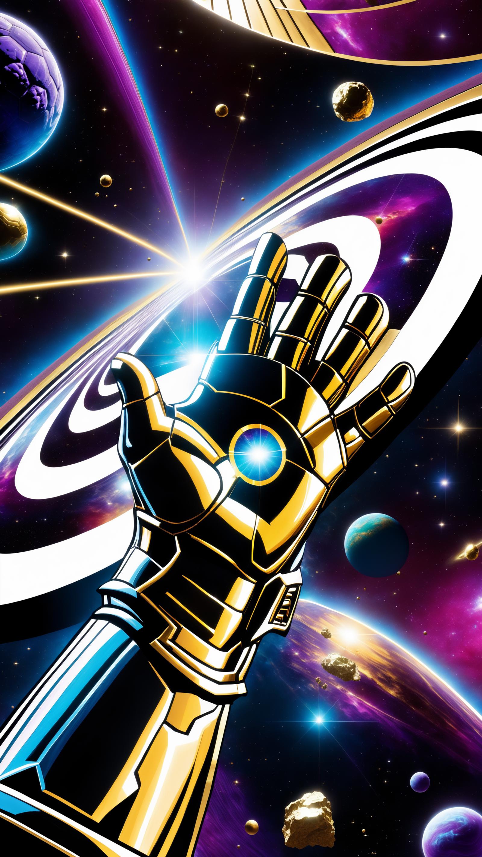 A Superhero's Robotic Hand Reaching Out to the Cosmos: Planets and Stars in the Background