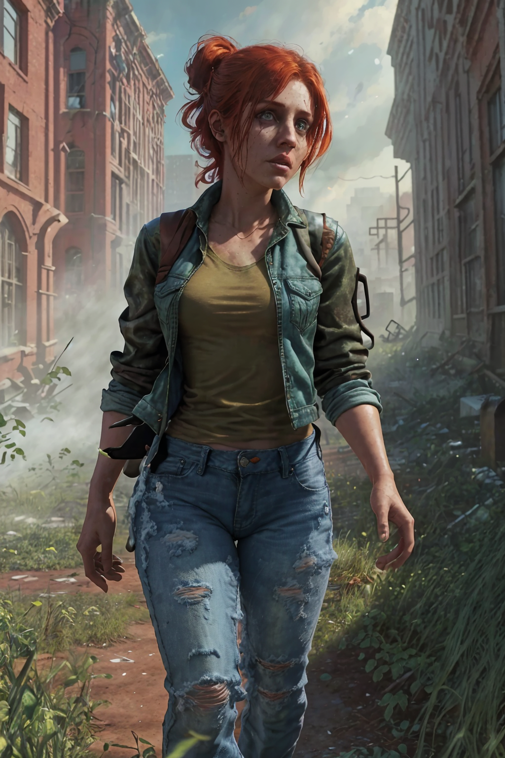 zrpgstyle post-apocalypse fallout 4 RPG character painting running zombie horde ginger hair upsweep updo thin woman wearin...