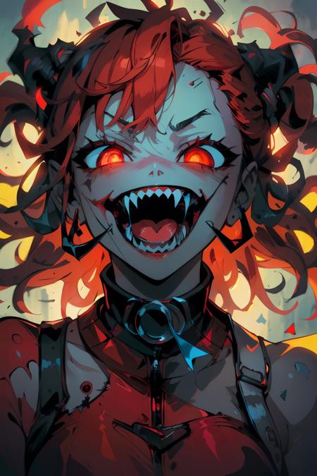 (ultra-detailed), (masterpiece), (best quality), (depth of field), (sharp focus), (cinematic lighting), (vibrant colors),   <lora:PSYCHOPHONKY:1>  1girl, crazy smile, fangs, sharp teeth, mouth open, glowing eyes, blood dripping, horror, grey skin, patched up, red hair, Harley quinn