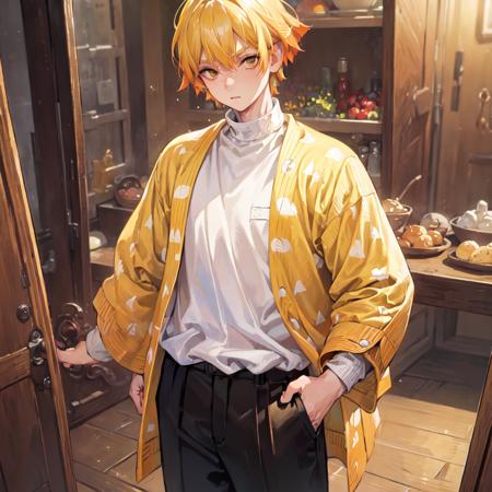 (((master piece))),((best quality)),park, detailed,1boy, standingn, yellow hair,white shirt,sweater,pants,focus<lora:Zenitsu-06:0.9>, ultra detailed face