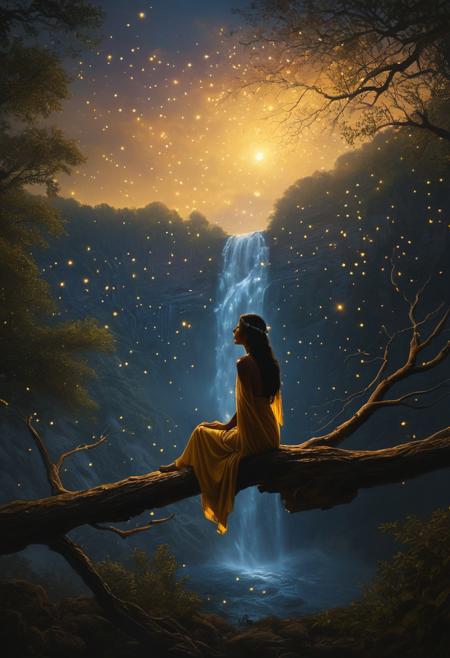 Hyperrealism, 
Young Native American woman silhouette, 
seated on a twisted branch, 
backdropped by a star-filled sky cast in lunar gold, 
serene expression, 
eyes engaging with perfection, 
amidst a swirling dance of fireflies, 
hands poised gracefully, 
waterfall cascade shimmering softly in the distance, 
enveloped by an enchanting haze, 
chiaroscuro lighting, 
magical aura, 
dramatic lighting, 
ultra realistic, 
yellow, 
red, 
blue, 
pink, 
green, 
brown, 
white, 
Mysterious