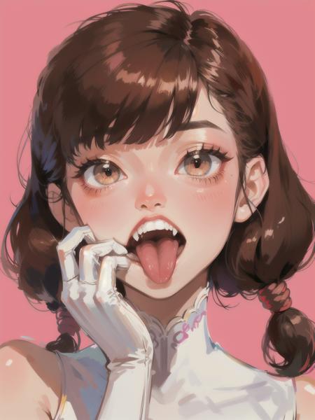 1girl, mouth pull, best quality, open mouth, simple background, light brown hair, prom hairstyle, tongue out, tongue, teeth, <lora:mouth_pull_v2:0.85>