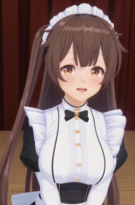 standing in front of a stage,standing on a wooden floor with a red curtain behind her,
maid headdress, maid apron, maid Dress,
<lora:CustomMaid3D2-KK77-V1:0.7>,maid, maid outfit,black_dress,
bangs,brown_hair,brown eyes,long_hair,
1 girl, 20yo,mature female,Beautiful Finger,Beautiful long legs,Beautiful body,Beautiful Nose,Beautiful character design, perfect eyes, perfect face,
looking at viewer, 
NSFW,official art,extremely detailed CG unity 8k wallpaper, perfect lighting,Colorful, Bright_Front_face_Lighting,
(masterpiece:1.0),(best_quality:1.0), ultra high res,4K,ultra-detailed,
photography, 8K, HDR, highres, absurdres:1.2, Kodak portra 400, film grain, blurry background, bokeh:1.2, lens flare, (vibrant_color:1.2)
(Beautiful,large_Breasts:1.4), (beautiful_face:1.5),(narrow_waist),