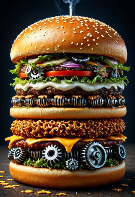 g3ars, An epic photo of a delicious burger ((made out of gears)), masterpiece, best quality, highly detailed, sharp focus, dynamic lighting, flux-style,