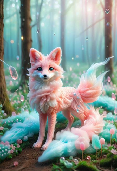 celestial multi-tailed fox, flowing cotton candy fur in blush-pink and azure gradients, sugar mist trails sparkling with crystallized sucrose, dawn-lit enchanted meadow, soft bokeh dewdrops, ethereal translucency in wisps, by Agnes Cecile and Studio Ghibli, magical particle glow, dynamic sprint motion blur, iridescent sugar-dust footprints, dreamlike pastel haze, whimsical anime-inspired detailing, soft-focus background