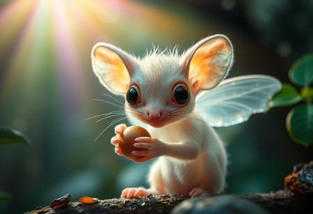 furry little translucent mammal in a rain forest zoomed in, rainbow of light reflection off dew, green and vivid colors, wild fog, large eyes, transparent body, invisible like a jelly fish, huge ears, very cute, incredibly adorable, eating a nut, fungal hair, see through, wings, amazing atmosphere, detailed background, mystical realm, floating orbs of light