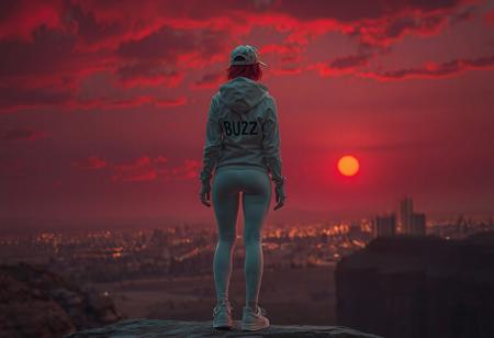 golden rule, perfect quality, 16k, very detailed, highly detailed, realistic, photorealistic, ultra sharp, scineastic, , colorfull, in a desert, warm red early morning, hot, detailed soft glowing clouds. dim red sun, city lights and high buildings in the far background, dark shadows, strong shadows, dramatic lighting, dark theme, dark, rimlight, highly detailed, close backshot, low angle, woman, slim, adletic, slender, standing on a cliff, writing "BUZZ" on jacket, back to the camera, short red glowing hair, thight white jacket, white cap, tight white leggings, white sneakers, white tight gloves, slim body, tight ass, tight legs,