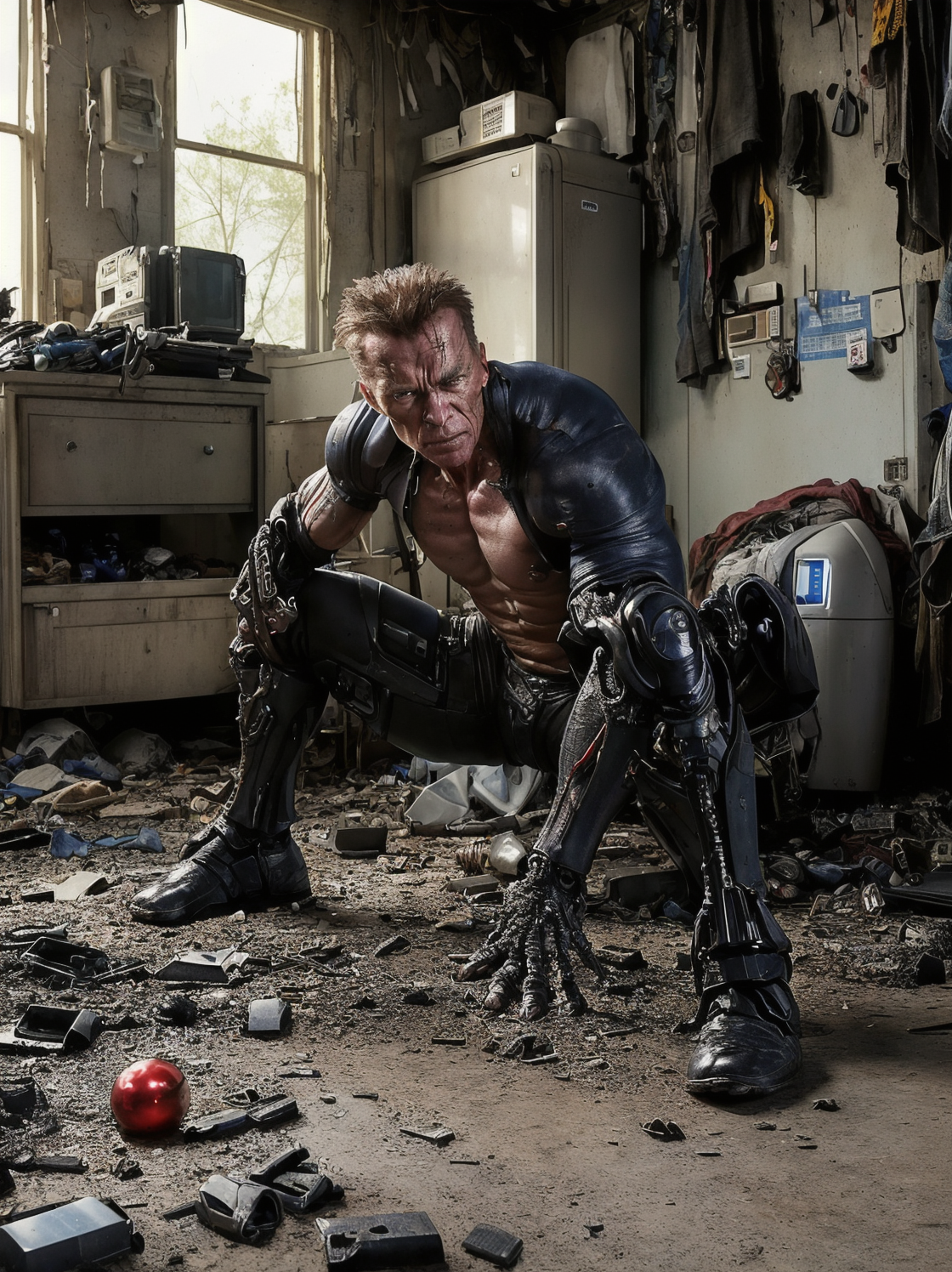 Wide angle Environmental shot of terminator Cyborg in a cluttered and messy shack , action shot, tattered torn shirt, porc...