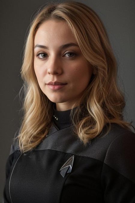 1girl, caucasian, pretty, 25yo, light Hair, (close up:1.4), ((headshot)),  blue pcdst uniform, long sleeves, blurry background<lora:STPicardUniforms:0.8>