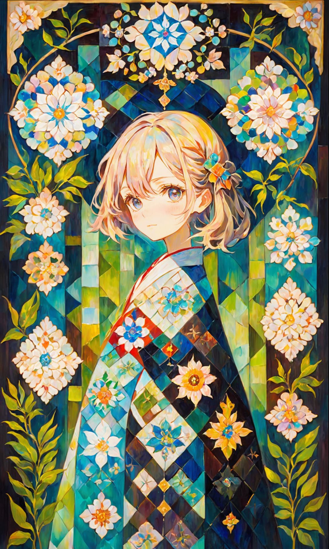 Oil painting, patchwork, Anime of a Supernatural Female of Tranquility