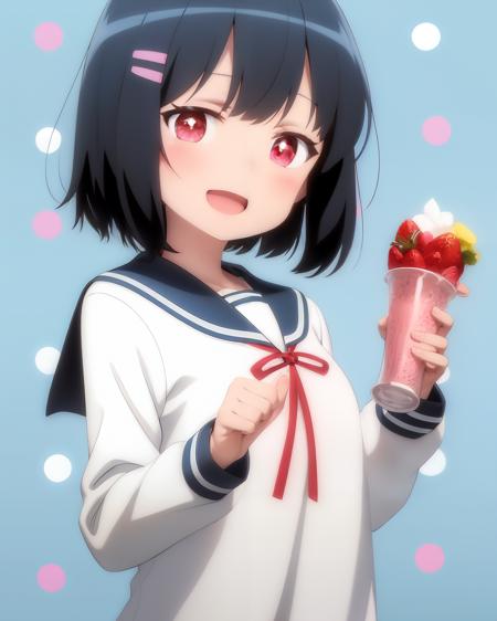 <lora:Tonari:0.9>
1girl, solo, school uniform, hair ornament, black hair, hairclip, smile, open mouth, short hair, serafuku,  upper body, long sleeves, sailor collar, white shirt, shirt, bangs, holding, polka dot background, ribbon, red ribbon, ^_^, :d, blush, facing viewer, blue sailor collar, polka dot, neck ribbon, pink background, strawberry