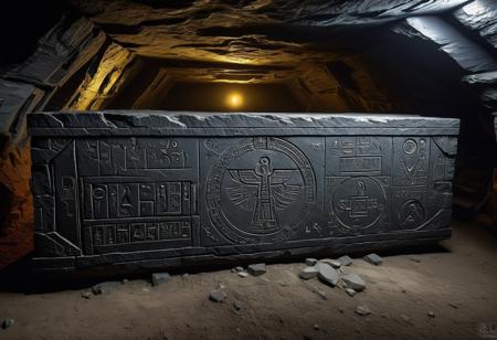Deep inside the earth, inside a ((ardósia)) mine, "dark schist", "black slate".
Magical realism, a chamber carved into the pitch black slate, decorated with ancient "Chaldean" and "hyperborean" glyphs, iluminated with  ((Cherenkhov radiation)).
Inside the chamber a mysterious ("victorian sarcophagus", steampunk style).
