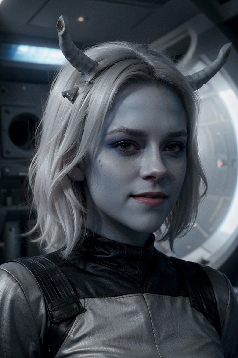 Kristen Stewart, scifi starship background, <lora:race_st_andorian:0.8>, andorian woman, white hair, (blue skin:1.2), ante...