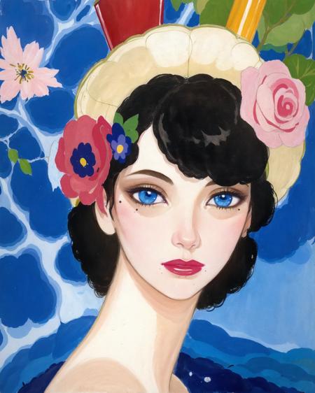 <lora:Umberto_v2:0.7>,1girl, solo, looking at viewer, short hair, bangs, blue eyes, black hair, hair ornament, hat, closed mouth, upper body, flower, hair flower, mole, tree, cup, lips, eyelashes, mole under eye, makeup, rose, colored skin, headphones, leaf, mouth hold, traditional media, plant, lipstick, pale skin, portrait, mole under mouth, pink flower, eyeshadow, curly hair, white skin, drinking straw, realistic, drink, branch, red lips, painting (medium), watercolor (medium), abstract, faux traditional media, Umberto