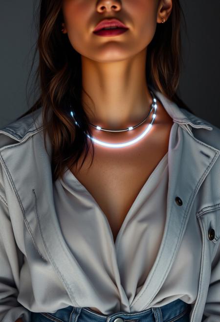 subdermal LED halo necklace, (internal LED glow:1.7), (embedded LEDs:1.8) forming evenly spaced glowing rings beneath the skin, soft light radiating outward from the collarbone, (natural skin tone:1.5), paired with a stylish casual outfit, (high-waisted jeans:1.4), (loose, tucked-in blouse:1.4), (simple leather sneakers:1.3), high-definition, (ultra-realistic textures:1.7), (soft natural makeup:1.3), (minimalist jewelry accents:1.2), natural skin tone, (light denim jacket:1.3) for a balanced, everyday look, modern yet comfortable, casual elegance with a futuristic edge, glowing subdermal halo design integrated seamlessly into the outfit, perfect for a day out or a casual gathering