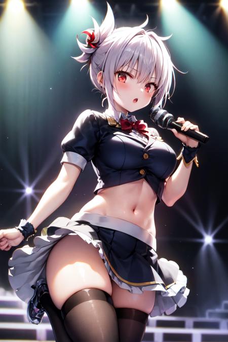 masterpiece, best quality, absurdres, perfect anatomy, 1girl, solo, Matsuri Kazamaki, hair ornament, pinwheel, idol, idol uniform, bowtie, skirt, brooch, dress, concert, on stage, frilled skirt, jewelry, layered dress, short sleeves, ((midriff)), thighhighs, microphone, holding microphone, stage lights, <lora:MatsuriKazamaki:0.9>