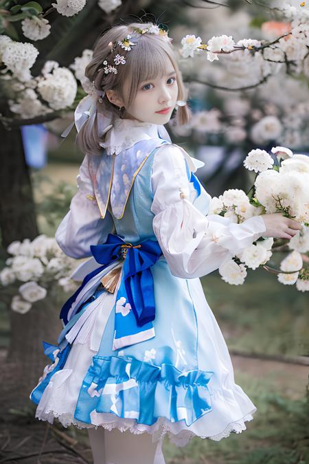 1girl, naughty face, Best quality, masterpiece, ultra high res, RAW photo,masterpiece, best quality, (photorealistic:1.4), (narrow waist:1.2), delicate face,
cherry blossoms, 
dress, white pantyhose, pantyhose, long sleeves, jewelry, floral print,blue dress, ring
<lora:ayakaSpringbloomMissivecosV1.0:0.7>
<lora:taiwanDollLikeness_v10:0.2> <lora:japaneseDollLikeness_v10:0.4> <lora:Basil_mix_fixed:0.2> <lora:lovableChineseGirlMeme_v1:0.2> <lora:cuteGirlMix4_v10:0.5>