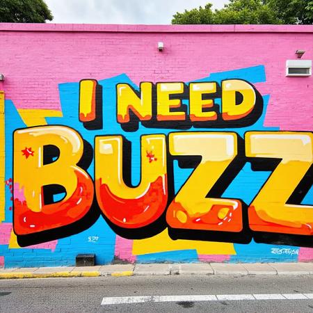 A vibrant street wall covered in colorful graffiti, the centerpiece spells "I NEED BUZZ", in a power and dynamic of colors