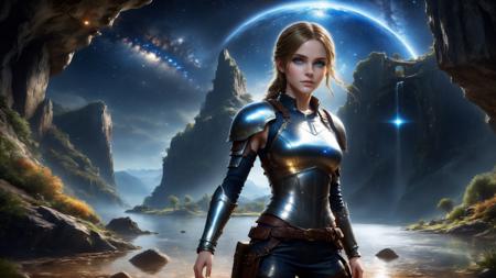 fantasy, landscape shot of lake, wet and shiny skin, (19 year old girl knight in long armored boots with heels with arms up), cave entrance, night, galaxy, starry sky, european, ellie (last of us):0.5, tifa lockhart:0.5, (large breasts), brown short armored dress with black details, (intricate details:1.2), light hair, hair behind ear, meteor, spellbook, belt, skinny, frail, blushing, grey eyes, large head, beautiful eyes, large eyes, cute face, symmetric features, detailed hands, detailed fingers, (masterpiece:1.2), (epic composition:1.4), (talent:1.2), ultra detailed, cinematic lighting, highly detailed, insanely detailed, (photorealistic:1.2), hdr, 8k, exquisite, sharp, elegant, ambient lighting, fantasy vivid colors, high quality,