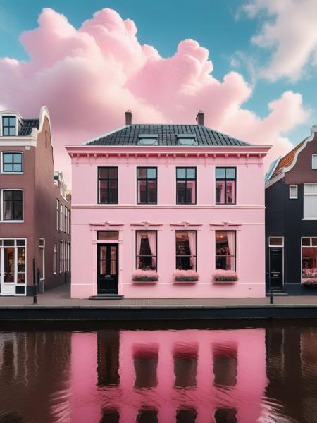 <lora:06NatureArt_Hap_XL:3.9>, Albert Bierstadt style, A pink shop in the shape of clouds with windows on one side and a fluffy pink cloud roof, pink interior, black door, large glass front window, in an Amsterdam canal street, fluffy pastel colored clouds around it, pink and white aesthetic, hyper realistic photography in the style of clouds.,