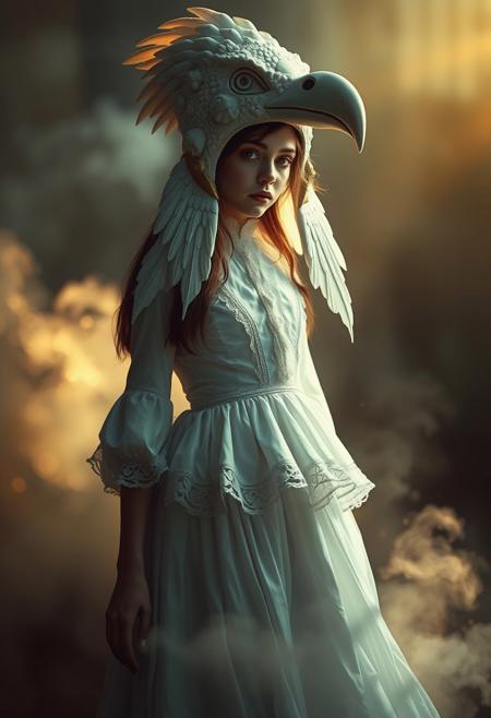 highly artistic surreal portrait of a mysterious girl wearing an elongated white bird helmet intricate carved details on the beak and sides flowing white Victorian dress with delicate lace and layered ruffles standing in a softly lit ethereal environment mist swirling at her feet faint golden light filtering through soft yet dramatic shadows painterly textures cinematic lighting deep contrast dreamlike atmosphere